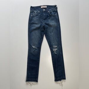 AMO Jeans Babe Womens 24x25.5 Distressed Holes Raw Hem‎ Button Fly Into the Blue